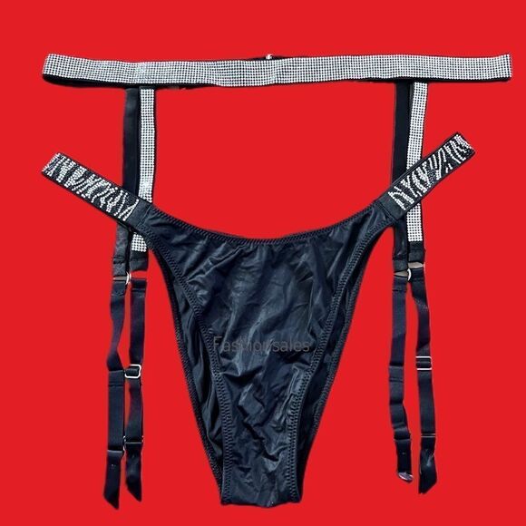 Victorias Secret Rhinestones Shine strap garter belt & panty set black zebra S - Picture 4 of 5